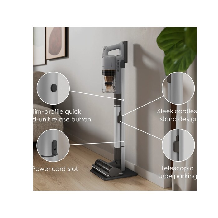 A sleek charging stand that also parks your cleaner neatly