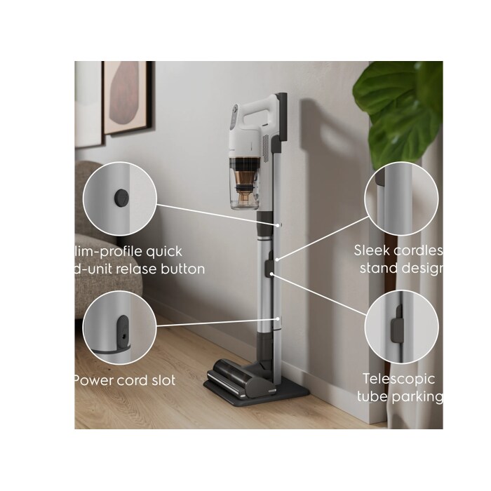 A sleek charging stand that also parks your cleaner neatly